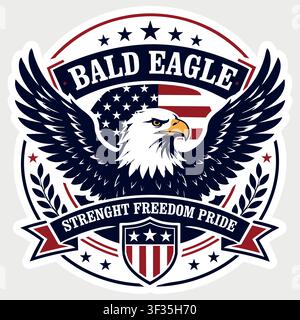Logo vectoriel détaillé de l'aigle à tête blanche américain avec des ailes déployées, un bouclier, des étoiles et des mots motivants. Illustration de Vecteur