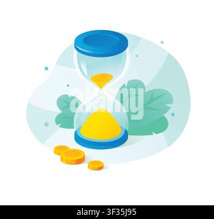 Le temps c'est de l'argent et illustration vectorielle de concept d'investissement à long terme. Sablier avec du sable jaune à côté de pièces d'or, symbolisant la planification financière, w Illustration de Vecteur