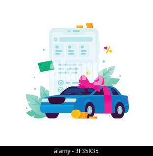 Voiture bleue avec un nœud cadeau à côté d'un écran de smartphone et de pièces de monnaie. Concept de crédit automobile mobile, achat d'une voiture en ligne, application d'assurance véhicule et grande loterie Illustration de Vecteur