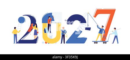 Le personnel de bureau se prépare à accueillir la nouvelle année 2027. Illustration vectorielle. Des personnages de dessin animé réparent les chiffres. L'image est isolée sur fond blanc Illustration de Vecteur