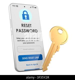 Écran de réinitialisation du mot de passe sur smartphone avec clé dorée. Rétablissement de l'accès au compte, sécurité de connexion, concept. Rendu 3D isolé sur fond blanc Banque D'Images