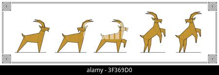 Vecteur géométrique moderne du zodiaque du cochon chinois de l'année nouvelle 2027. Ensemble de silhouettes de mouton rayées linéaires noir-or pour modèle de carte de vœux. Minimal lune ca Illustration de Vecteur