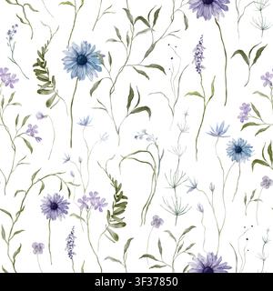 Aquarelle modèle sans couture avec illustration bleu clair et violet fleurs sauvages herbes fleurs - phlox, bleuet, fritillaire, échinacée, Marguerite Banque D'Images