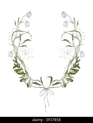 Illustration aquarellée à la main d'une bordure en forme de couronne florale mettant en vedette des fleurs de campanule bleu pastel et des feuilles vertes. Cadre ovale botanique avec nœud pour Banque D'Images