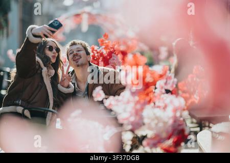 Deux amis prenant un selfie parmi les fleurs du printemps dans un café en plein air, profitant d'un moment amusant Banque D'Images