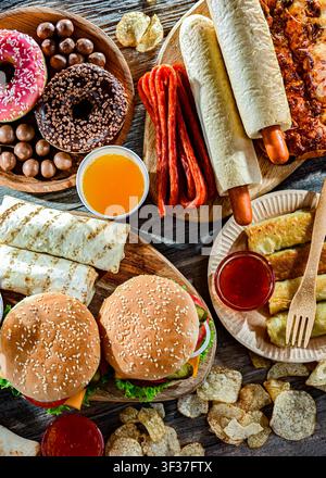 Aliments augmentant le risque de cancer. Malbouffe. Banque D'Images