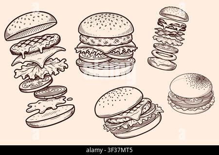 Illustrations de burger dessinées à la main vintage – Ensemble de croquis de hamburger déconstruit Illustration de Vecteur