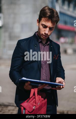 Jeune homme d'affaires lisant des documents en plein air tout en se préparant pour une réunion d'affaires avec un sac rouge Banque D'Images