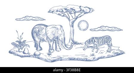 Élphant et zèbre debout dans un paysage de savane à côté d'un acacia. Illustration vectorielle dessinée à la main d'animaux africains dans un style vintage. Salutations Illustration de Vecteur