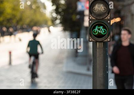Un feu de signalisation pour vélos montrant un feu vert dans une zone adaptée aux cyclistes, symbolisant les transports urbains durables et les infrastructures cyclables Banque D'Images