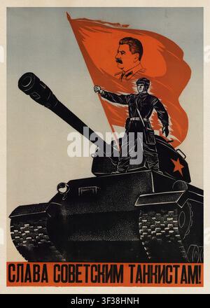 « Gloire aux soldats chars soviétiques » URSS, années 1950, Y. Vorogushin — Affiches des forces blindées soviétiques des années 1950, char soviétique Banque D'Images