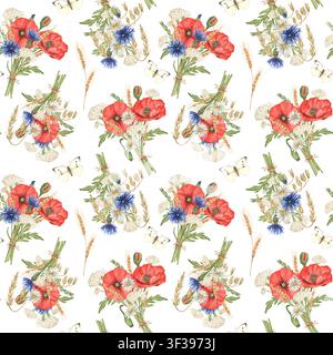 Motif sans couture avec des bouquets d'amarante, de bleuets, de marguerites et d'épis de seigle noués avec de la ficelle, accompagnés de papillons. Aquarelle peinte à la main Banque D'Images