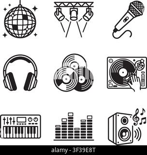 Icons en lignes noires et blanches de boule disco, lumières de scène, microphone, casque audio, vinyles, platine DJ, clavier, égaliseur de son et spe... Illustration de Vecteur
