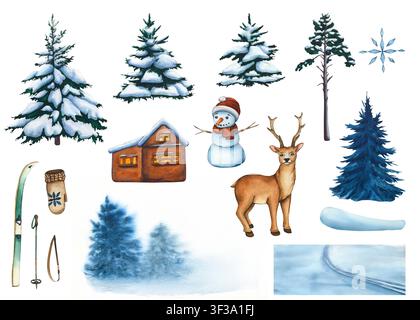 Set d'aquarelle avec un épicéa dans la neige, un bonhomme de neige, une maison, des skis, des bâtons et une paire de moufles tricotées. Illustration dessinée à la main. Un ensemble d'illustrations Banque D'Images