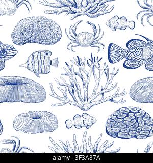 Monochrome élégant motif sans couture avec coraux, poissons tropicaux et algues. Illustration dessinée à la main dans un style de gravure classique. Illustration de Vecteur