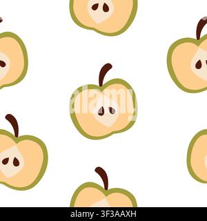 Illustration vectorielle à motif sans couture de demi-pommes vertes. Pommes vertes tranchées dessinées à la main avec pépins, fond répétitif isolé sur blanc. Texture de fruits d'automne frais pour tissu, papier d'emballage, décoration Illustration de Vecteur
