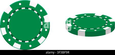 Jetons de jeu verts au design plat montrés sous des perspectives aériennes et inclinées sur fond blanc. Illustration de Vecteur