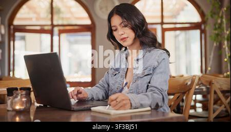 Écriture, restaurant et femme sur ordinateur portable pour le travail à distance, article en ligne et recherche pour une histoire. Café, carnet et personne sur ordinateur pour Banque D'Images