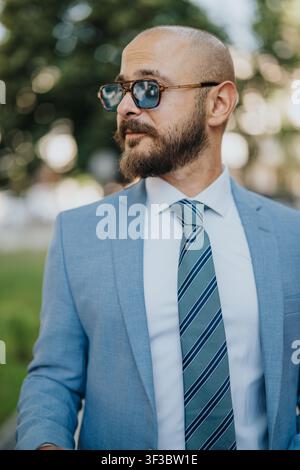 Homme d'affaires confiant en costume bleu clair et cravate rayée portant des lunettes de soleil en plein air Banque D'Images