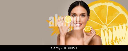 Jeune femme hispanique souriante tenant des tranches de citron, concept de soins cutanés sains Banque D'Images