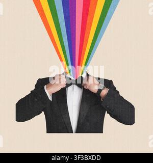 Homme méconnaissable en smoking ajustant sa cravate papillon avec des couleurs arc-en-ciel émergeant de sa tête Banque D'Images
