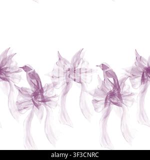 Motif aquarellé monochrome sans couture avec nœuds lilas et oiseaux chanteurs isolés sur fond blanc. Design féminin peint à la main pour tissu, papier peint Banque D'Images