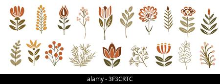 Illustrations florales fantaisistes dans des tons terreux chauds Illustration de Vecteur