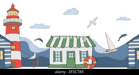 Bordure horizontale sans couture maisons côtières, phare, bateau, vagues de l'océan, vie marine. Illustration graphique vectorielle. Fond marin avec mouettes et Illustration de Vecteur