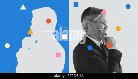 Homme caucasien d'âge moyen pensif avec barbe en pleine réflexion, cadre de bureau, concept commercial Banque D'Images
