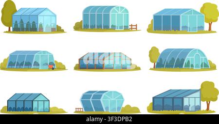 Serres en carton. Bâtiments en verre de jardin isolés pour plantes tropicales exotiques, fruits, légumes. Agriculture intelligente, complexe agricole, vecteur savoureux Illustration de Vecteur