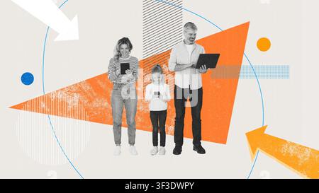 Famille de trois personnes utilisant des appareils numériques à la maison, heureuse et impliquée, concept de style de vie moderne Banque D'Images