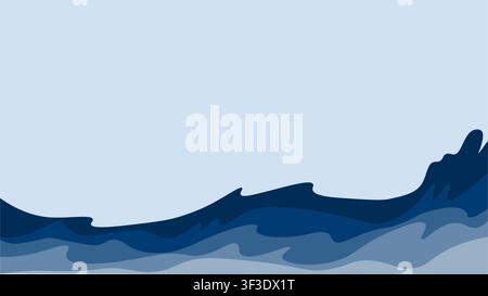 Un fond graphique minimaliste présentant des vagues océaniques superposées bleu foncé et bleu clair sous un ciel bleu pâle, parfait pour les designs de nature abstraite. Illustration de Vecteur