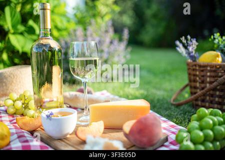 Pique-nique d'été élégant en plein air avec vin blanc, fromage, pêches fraîches, raisins, miel et pain sur une couverture à carreaux dans un jardin luxuriant. Semaine cosy Banque D'Images