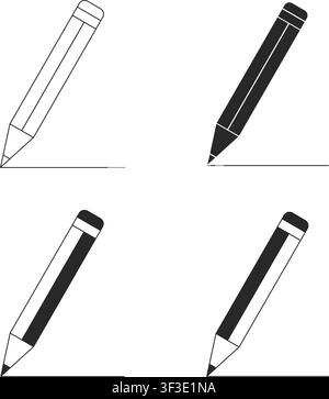 Un ensemble de quatre icônes de crayon propres en styles de contour et de silhouette, illustrant divers concepts d'ombrage et de dessin artistique sur un fond blanc. Illustration de Vecteur