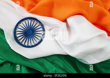 Drapeau national indien tricolore avec le chakra d'Ashoka Banque D'Images