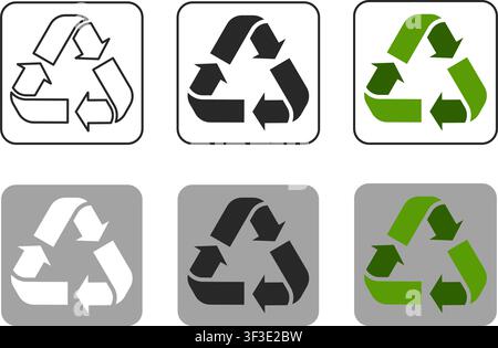 Une collection de six icônes de recyclage présentant la boucle Möbius classique en style contour, noir uni et vert sur des fonds blanc et gris. Illustration de Vecteur