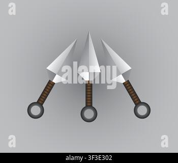 Un graphique numérique représentant trois couteaux kunai en argent tranchants disposés en forme d'éventail avec des manches enveloppés de brun et des anneaux circulaires à la base. Illustration de Vecteur
