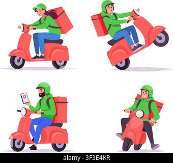 Scooter de livraison. Illustration vectorielle montrant des coursiers sur un scooter à moteur sous plusieurs angles avec une boîte de chargement comme ensemble de transport exact Illustration de Vecteur