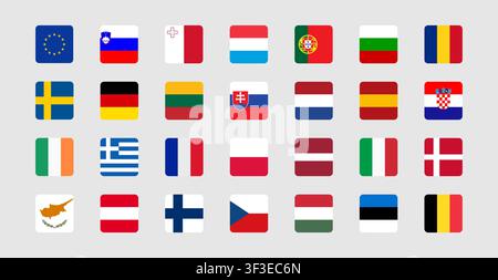 Ensemble des drapeaux nationaux des États membres de l'Union européenne en forme d'icônes vectorielles carrées plates pour une interface utilisateur d'application mobile moderne et une sélection de langue Illustration de Vecteur