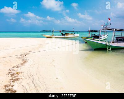 Bateaux de pêche traditionnels et bateaux de tourisme reposant sur l'eau turquoise claire près du rivage sablonneux, représentant une scène de paradis tropical serein sur Gleyang Is Banque D'Images