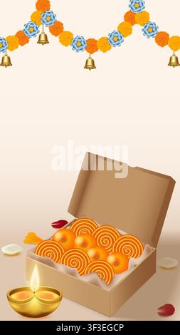 Bannière verticale festivale de Diwali mettant en scène un diya lumineux, une boîte cadeau ouverte remplie de mithai indien traditionnel, une guirlande florale et un espace pour le texte. Illustration de Vecteur