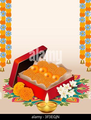 Bannière verticale festive de Diwali mettant en scène un diya lumineux, une boîte-cadeau remplie de mithai indien sur un rangoli coloré, des guirlandes florales et un espace pour le texte. Illustration de Vecteur