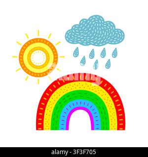 Nuage et soleil arc-en-ciel pour enfants. Dessiné à la main. Pas d'IA, illustration vectorielle. Illustration de Vecteur