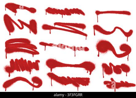 Collection de traits et éclaboussures de peinture en spray rouge isolés sur fond blanc Banque D'Images
