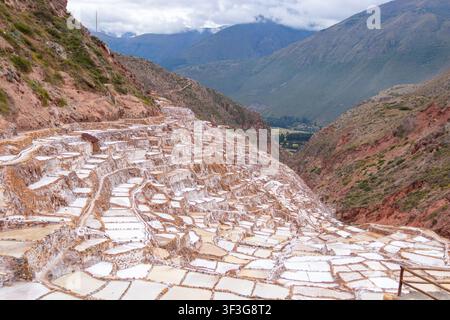 Vue des mines de sel historiques de Maras présentant des étangs d'évaporation de sel en terrasses complexes creusés dans le flanc de la montagne dans la Vallée Sacrée près de Cusco Banque D'Images