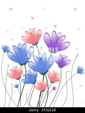 Une illustration florale vibrante mettant en vedette des fleurs sauvages bleues, corail et violettes sur de longues tiges avec des confettis de pétales éparpillés sur un fond blanc. Banque D'Images