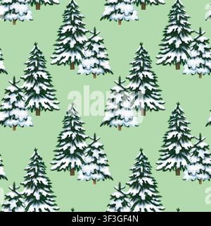 Motif sans joint d'arbres de Noël enneigés. Illustration aquarellée dessinée à la main. Sur fond vert. Parfait pour les emballages de Noël, les impressions de fêtes Banque D'Images