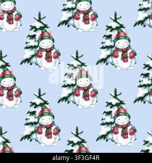 Motif sans couture de mignons bonhommes de neige et sapins de Noël. Illustration aquarellée dessinée à la main. Sur fond bleu. Parfait pour les emballages de Noël Banque D'Images