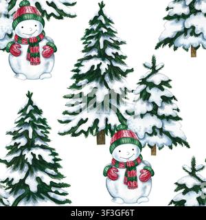 Motif sans couture de mignons bonhommes de neige et arbres de Noël. Illustration aquarellée dessinée à la main. Parfait pour les emballages de Noël, les impressions de vacances saisonnières Banque D'Images