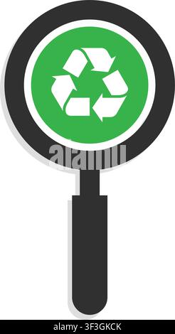 une loupe montrant un symbole de recyclage blanc sur un fond vert pour représenter la recherche de solutions écologiques. Illustration de Vecteur